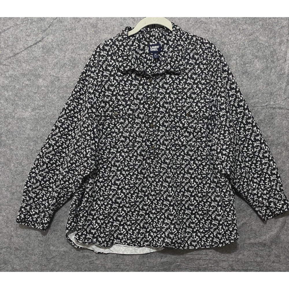 Lands' End Black and White Floral Button-Down Shirt